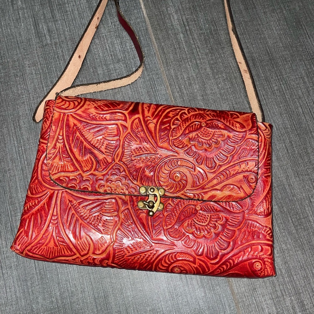 Handcrafted Genuine Leather Floral Bag - Red
